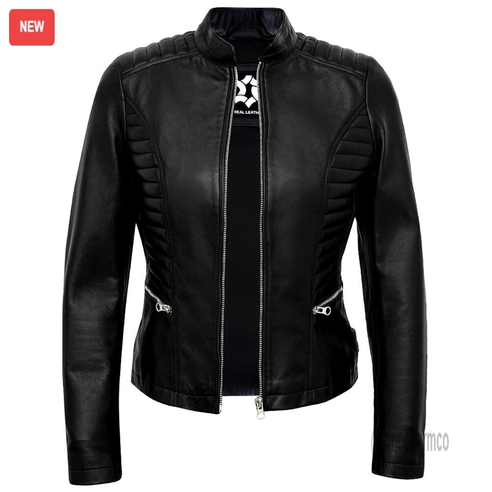 Real Lambskin Leather Jacket Cafe Racer Motorcycle Style Quilted Details